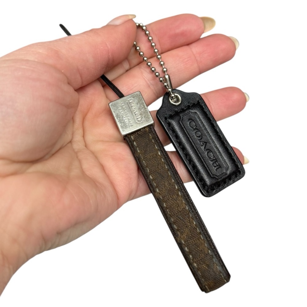 Coach Monogram Wristlet Strap & Black Leather Tag Keychain Set